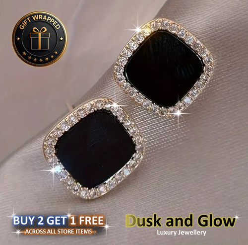 Silver black square stud - silver,
