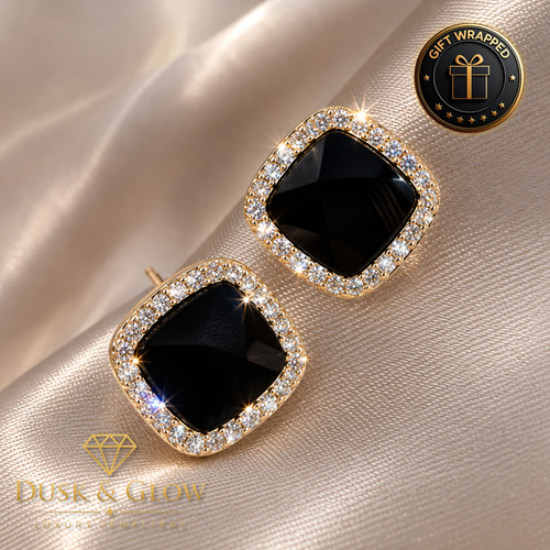 Silver black square stud - silver,